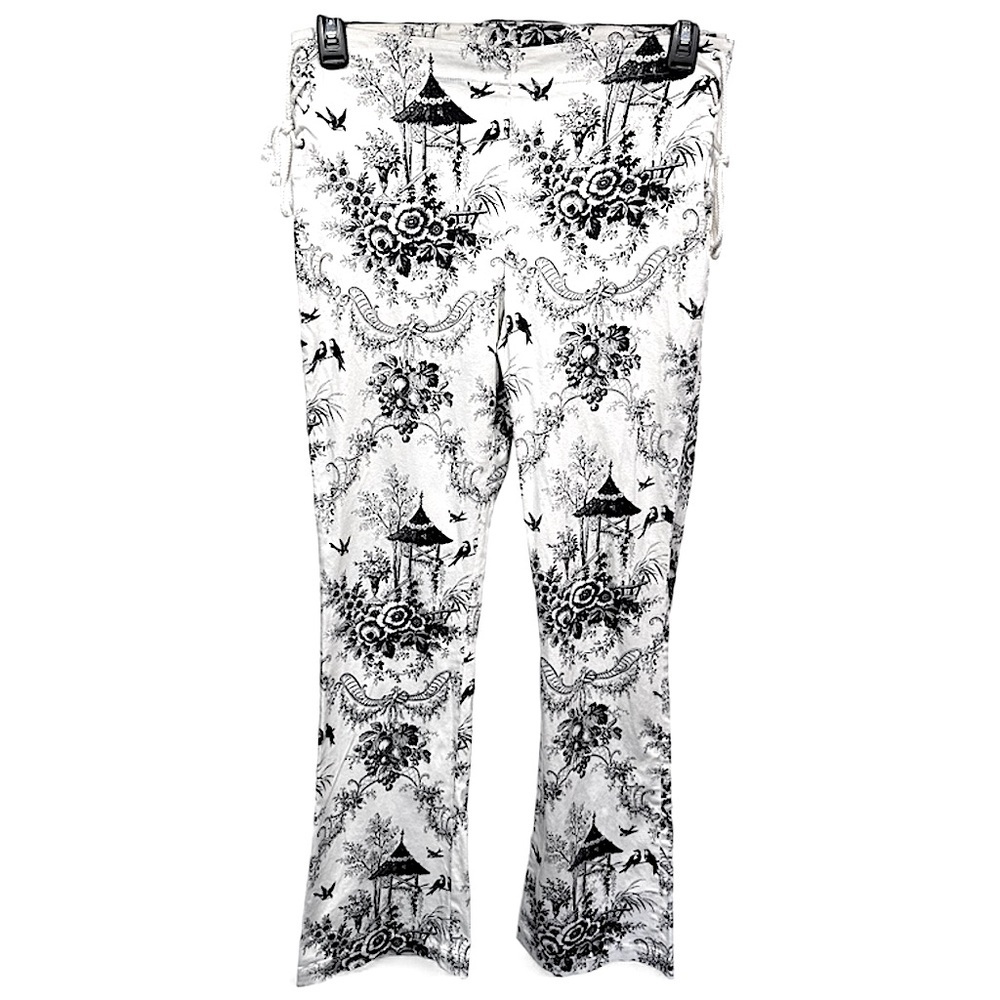 Vintage Georgiou Studios Ivory Pants Black Print Asian Gardens Birds Flowers 10